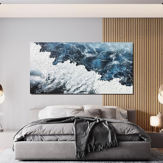 Abstract Wall Art Decor Abstract Canvas Wall Pictures for Living Room Large Blue White Wall Art Prints Beach Wave Artwork for Walls Coastal Modern Wall Art Decorations Home Office Wall Art Decor 24" X 48"