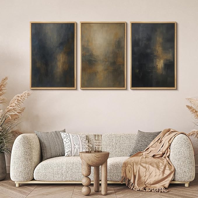 MUDECOR Framed Wall Art Print Set Dark Abstract Modern Contemporary in Navy Blue and Gold Brushstrokes Illustrations Modern Art Decorative for Living Room, Bedroom, Office - 16"x24"x3 Natural