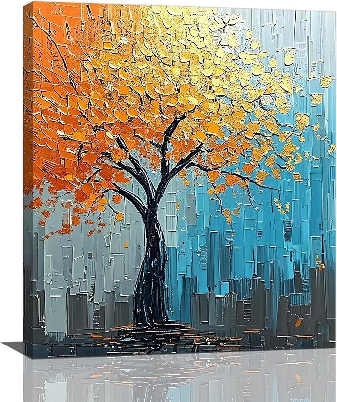 Abstract Wall Art Gold Tree Framed Modern Artwork Canvas Painting Textured Tree of Life Pictures Home Decor For Living Room Bedroom Bathroom Office 20"X24"