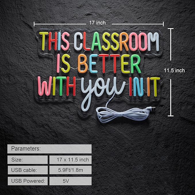 Classroom Neon Sign for Wall Décor Dimmable This Classroom is Better With You In It LED Light USB Powered Inspirational Motivational Wall Art Letter Signs for Teachers Back to School Decor