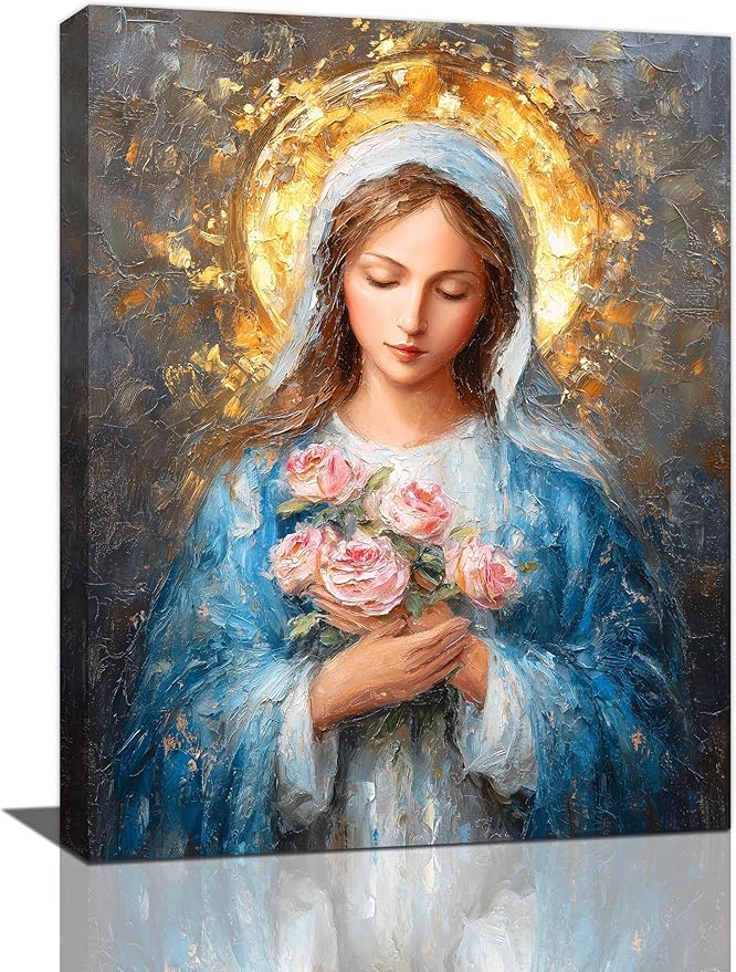 Christian Mary Wall Art Mary Mother Of God Canvas Wall Decor Catholic Blessed Mother with Roses Pictures Christ Paintings Prints Religious Bible Artwork Framed Decorations For Church Prayer Room Chapel Bathroom Bedroom Living Room Gifts 12" x 16"