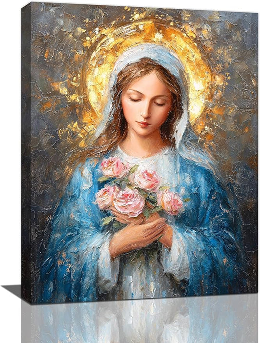 Christian Mary Wall Art Mary Mother Of God Canvas Wall Decor Catholic Blessed Mother with Roses Pictures Christ Paintings Prints Religious Bible Artwork Framed Decorations For Church Prayer Room Chapel Bathroom Bedroom Living Room Gifts 12" x 16"