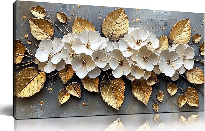 CANEITO Flower Wall Art for Living Room, White Plum Blossom and Golden Leaves Wall-Decor for Bedroom, Natural Canvas Prints Pictures for Hallway Office, Size 40x20 Inches