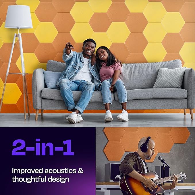 Acoustic Panels 12-Pack Soundproof Wall Panels 14"X12.1"X0.4" Sound Panels High Density Sound Dampening Panels - [70'S Orange Hexagon]