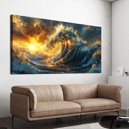 Canvas Wall Art Decor Gold Modern Abstract Aesthetics Wall Art Decor Large Sunshine Wave Canvas Wall Art For Living Room Decorations Canvas Prints Artwork For Bedroom Office Wall Decor 24 X 48 Inch