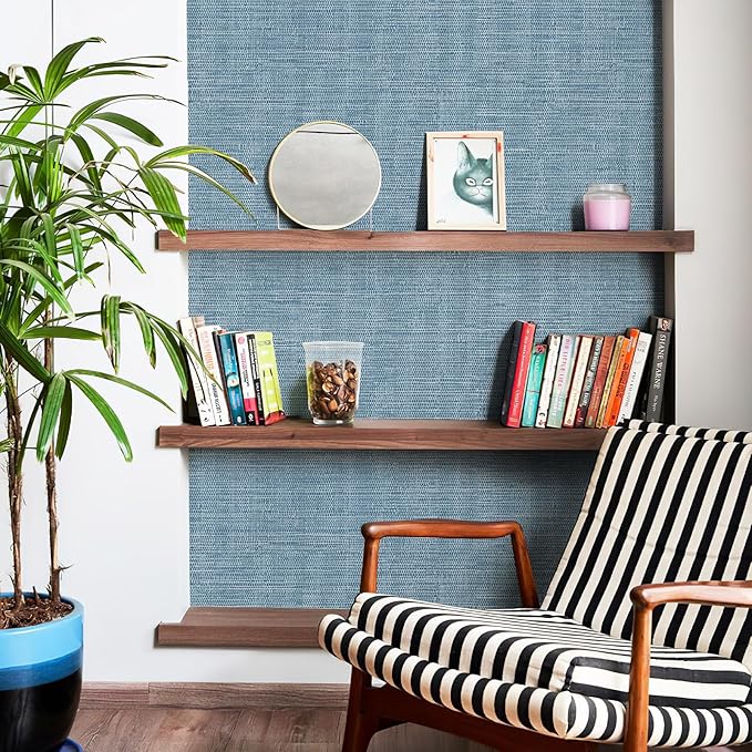 JiffDiff Grasscloth Wallpaper Peel and Stick Blue Grassweave Stick on Wallpaper Textured Self Adhesive Wall Paper Contact Paper 17.3"x472"