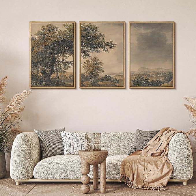 MUDECOR Framed Wall Art Print Set Vintage Landscape Rustic Tree and Mountain View Illustrations Decorative Colorful for Living Room, Bedroom, Office - 24"x36"x3 Natural
