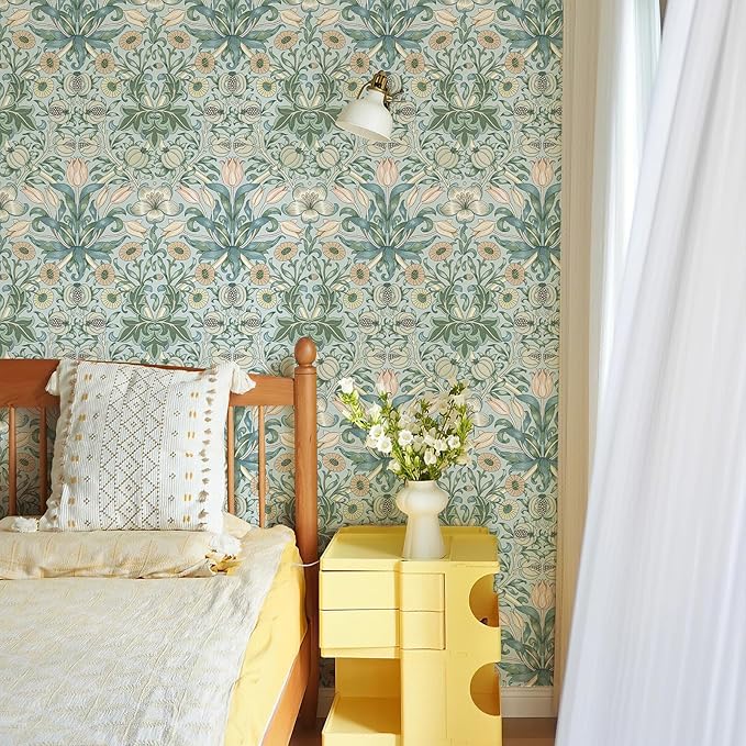 17.3"x394" Peel and Stick Vintage Floral Contact Paper Blue Background Pink Pomegranate Flower William Morris Wallpaper Self Adhesive Wall Paper Removable