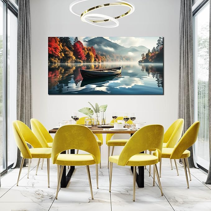 CANEITO View Wall Art for Living Room, Mountain Lake and Boat Wall-Decor for Bedroom, Natural Scenery Canvas Prints Pictures for Hallway Office, Size 59x29 Inches