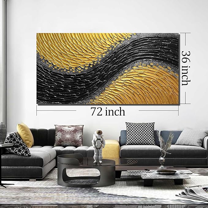 Black and Gold Abstract Painting Wall Decor for Living Room Modern 3D Hand Painted Wall Art for Office Extra Large Wall Art Bedroom Size 36 x 72 Inch