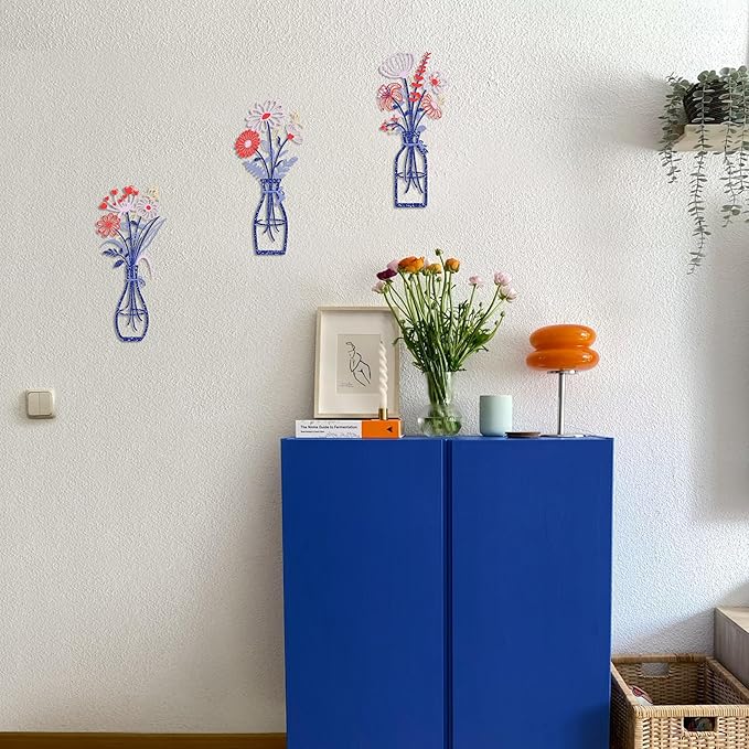3 Pieces Metal Flowers Wall Art Decor, Farmhouse Minimalist Bathroom Wall Decors Sculptures for Living Room Dining Room Bedroom Housewarming Gifts