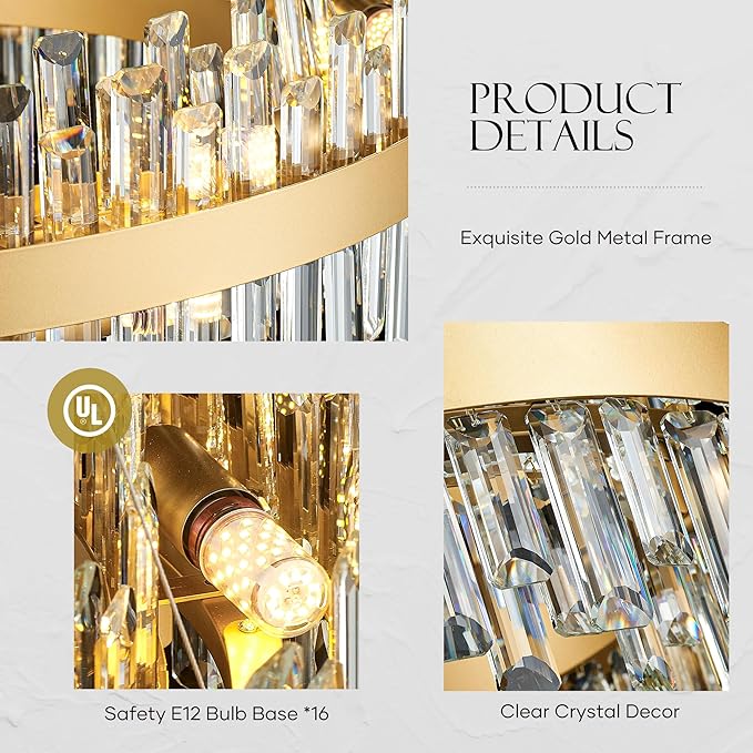 31.9" Gold Modern Crystal Chandelier Light Fixtures Luxury 2 Rings Crystal Chandeliers for Dining Room 16-Light Round Hanging Pendant Lighting for Living Room Kitchen Island Entryway Bedroom
