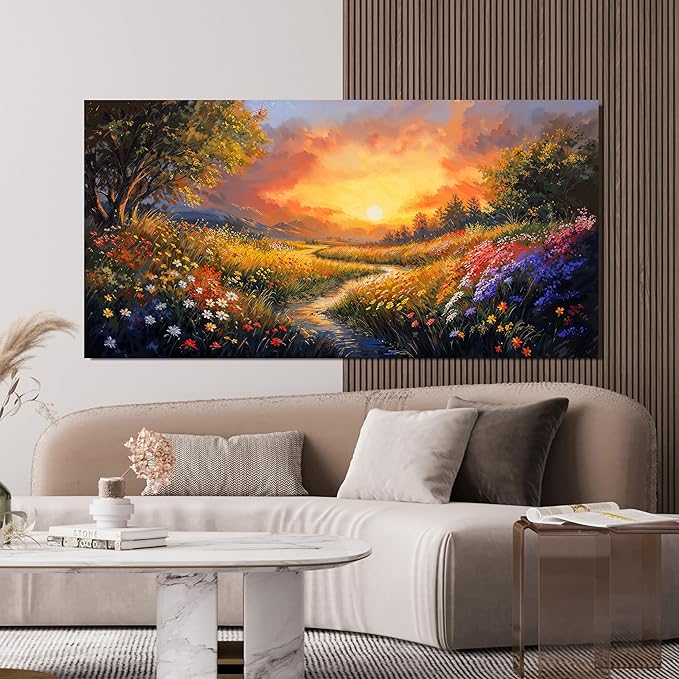 Canvas Wall Art Decor Oversized Wall Art Pictures for Living Room Large Vintage Landscape Wall Art Prints Canvas Art Wall Decor Wildflower River Artwork for Walls Bedroom Home Wall Art Decor 29" X 58"