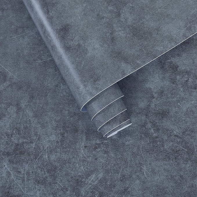 16"×118" Thick Dark Blue Grey Concrete Wallpaper Peel and Stick Waterproof Glossy Textured Gray Concrete Contact Paper Vinyl Wrap Self Adhesive Cement Tile Sticker for Countertops Kitchen Walls
