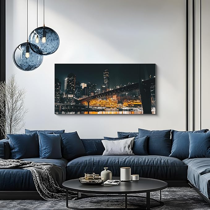 NAN Wind 1PCS Chongqing City Nightscape Canvas Wall Art Illuminated Chinese Skyline with Bridge Skyscrapers Modern Urban Landscape Photography Print for Living Room Office Bedroom Decor