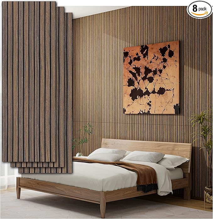 Acoustic Peel & Stick Wall Panels 8 Pack - Soundproof 3D Wood Slat Paneling for Walls/Ceilings (Dark Walnut)