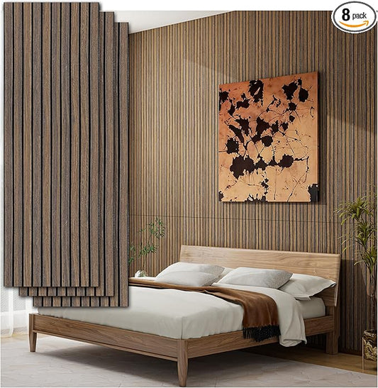 Acoustic Peel & Stick Wall Panels 8 Pack - Soundproof 3D Wood Slat Paneling for Walls/Ceilings (Dark Walnut)