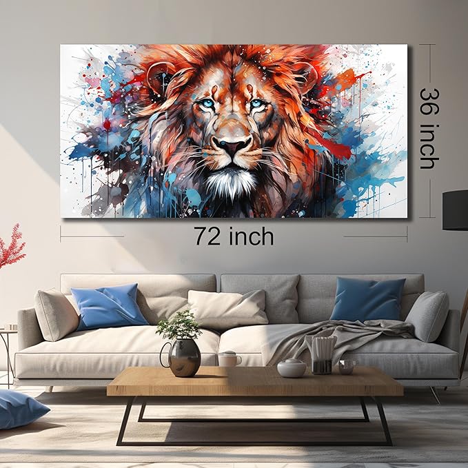 Lion Picture Wall Art For Bedroom Modern Large Wall Decor For Living Room Brown and Blue Canvas Wall Art For Office Size 36 x 72 Inch