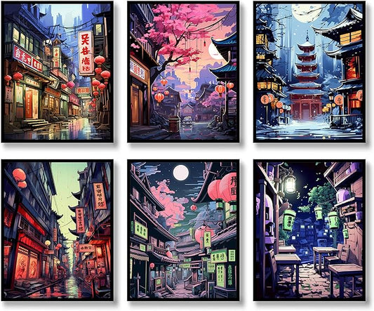 Luodroduo Japanese Wall Art Set of 6 Japan Rural Architecture Abstract Scenery Illustration Wall Decor Countryside Streets Canvas Art Poster for Living Room Bedroom Wall Art (A, 8"x10" UNFRAMED)