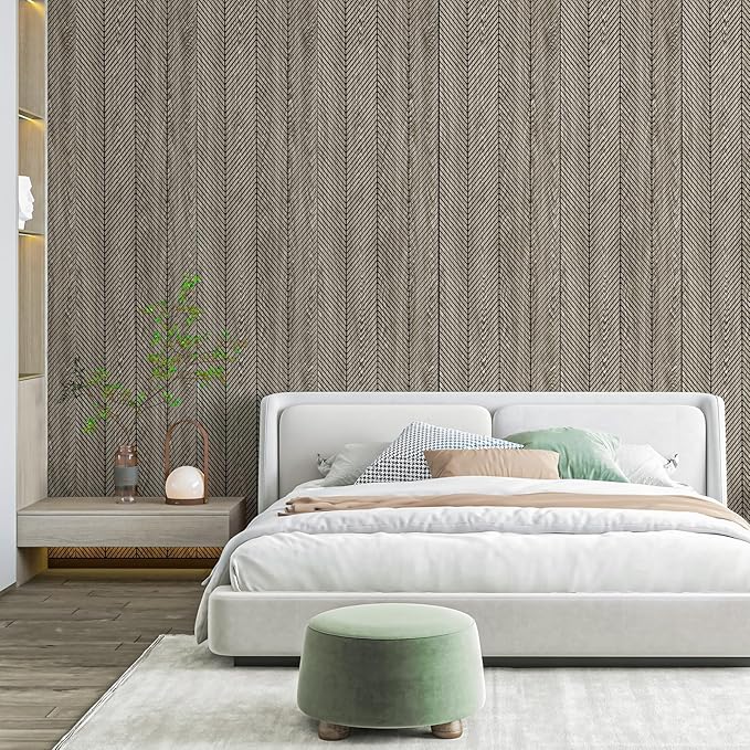 Art3d 4-Pack Glue-On Herringbone Wainscoting Panel for Interior Wall Decor - 104 x 12 Inch Polystyrene Ultralight Slim Slat Wall Panels for Living Room Bedroom, Ashtree