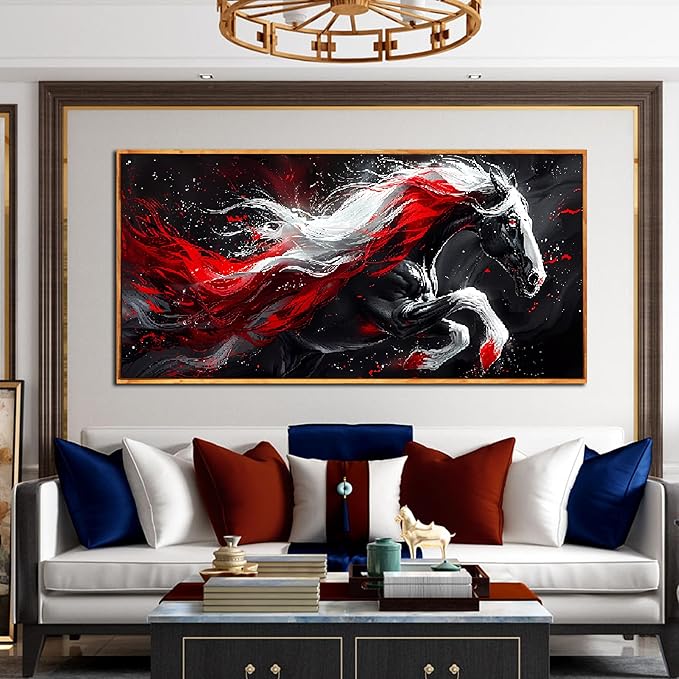 Ouzzlie Horse Wall Art Red Wall Decor Living Room Animal Pictures Black White Wall Decorations for Living Room 29" x 59"
