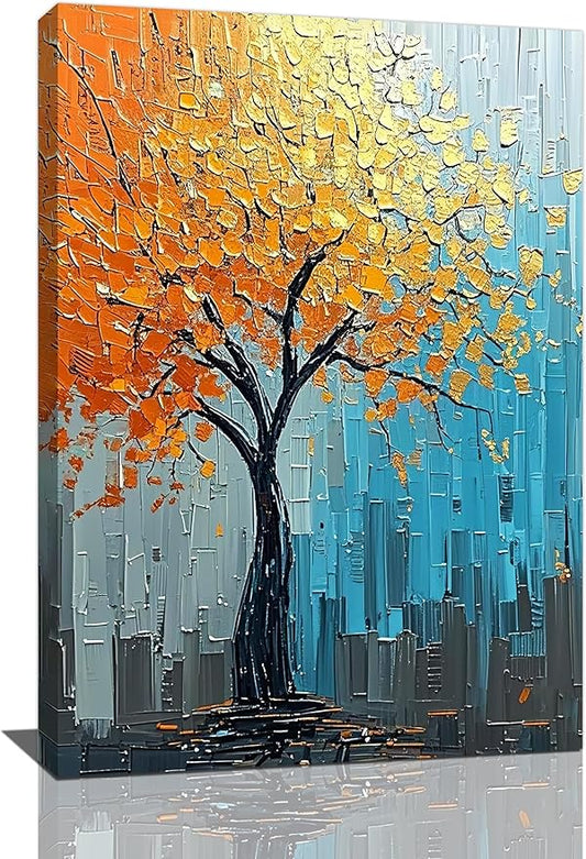 Abstract Wall Art Gold Tree Framed Modern Artwork Canvas Painting Textured Tree of Life Pictures Home Decor For Living Room Bedroom Bathroom Office 16"X24"