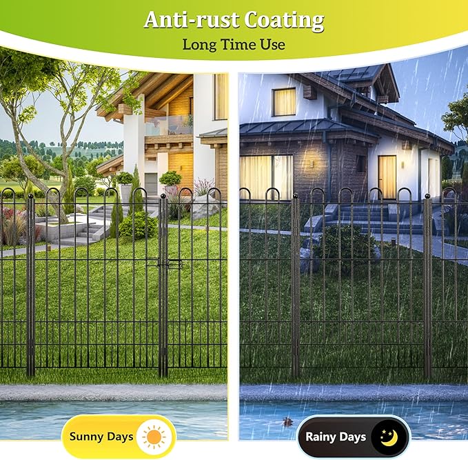 Bepatio Tall Garden Fence Animal Barrier with Gate, 39.5in (H) x 23ft (L) 10 Panels Decorative Dog Fence Outdoor for Yard, Heavy Duty Metal Fence Border, Flower Bed, Easy Setup, Black