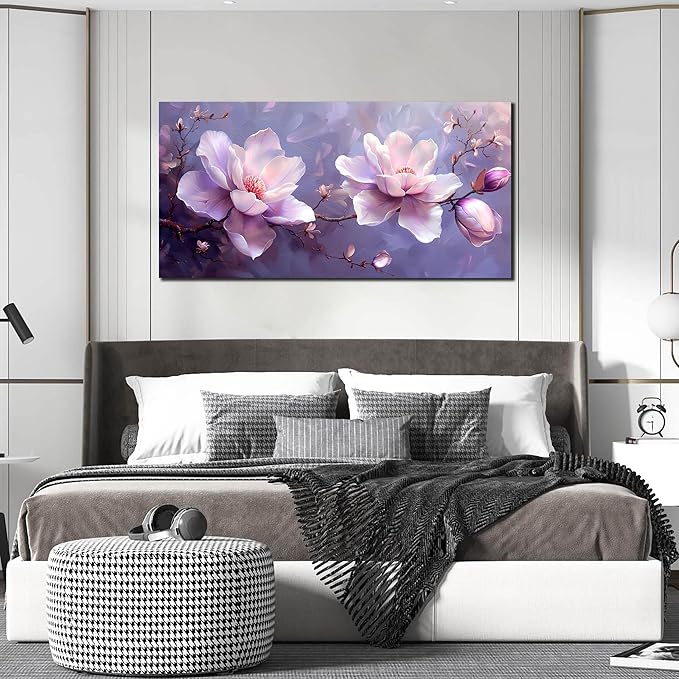 ANCXWOTER Botanical Wall Art Pink Purple Flower Artwork Modern Floral Canvas Prints for Living Room Bedroom Office Kitchen 24"x48"