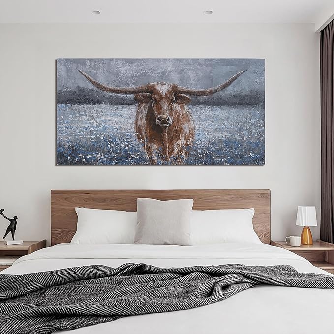 KUPTEU Canvas Wall Art Decor Vintage Wall Art For Living Room Highland Cow Wall Art Decorations Canvas Art Wall Decor Modern Blue Wall Art Prints Artwork for Walls Bedroom Home Decor 20" x 40"