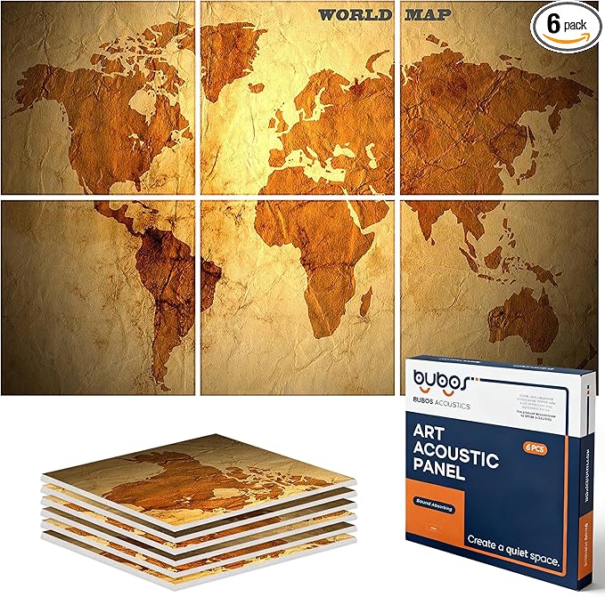 BUBOS 6 Pack Art Acoustic Panels Soundproof Wall Panel,70.8X47.2 Inches Large Sound Absorbing Panel,Self-Adhesive Decorative Acoustical Wall Panels, Acoustic Treatment for Home Office（World Map）