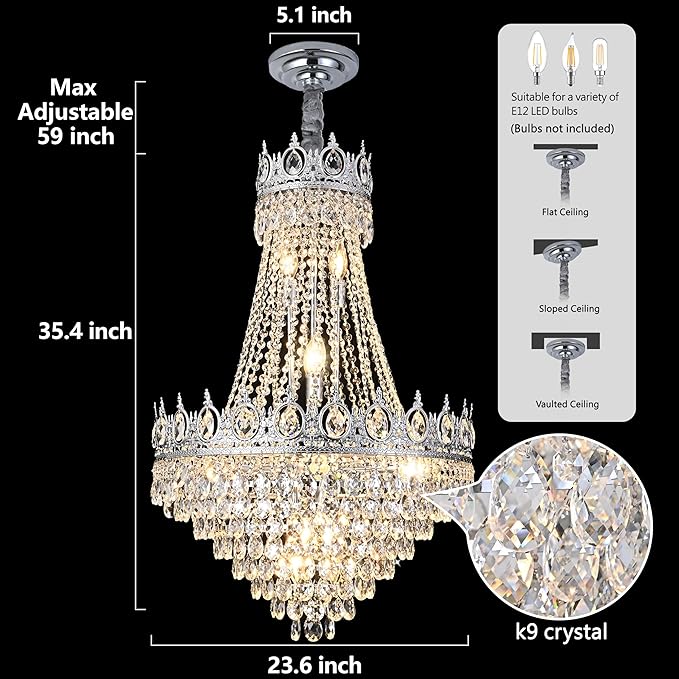 KoKo&Yukina Chrome 23.6" French Empire Crystals Chandeliers 14 Lights K9 Crystal Chandeliers Modern Adjustable Hanging Chandelier Farmhouse Crystal Chandelier for Living Room Dining Room Bedroom