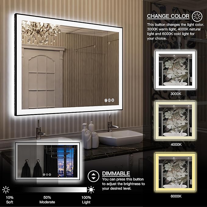LED Bathroom Mirror 40x30 with Backlit and Front Lighted, Framed Dimmable Illuminated Mirror for Wall Anti-Fog Shatterproof (Horizontal/Vertical)