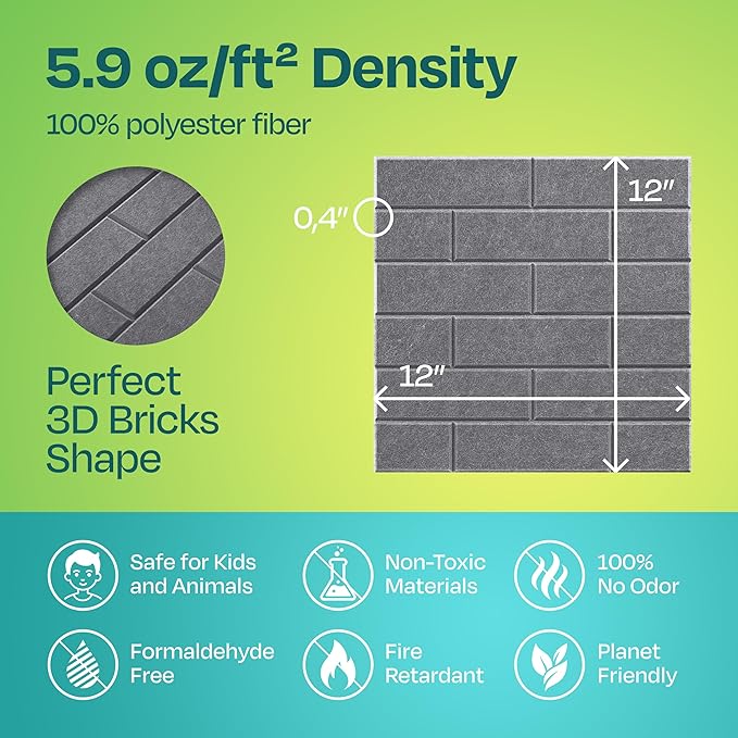 Acoustic Panels 18-Pack Soundproof Wall 12"X12"X0.4" Brick Style Premium Sound Dampening Easy Self Adhesive Installation - [Pebble Gray]