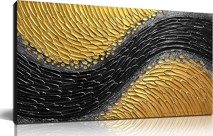 Abstract Painting Wall Art for Living Room Black and Gold Wall Art for Office 3D Textured Canvas Wall Decor for Bedroom Size 20 x 40 Inch
