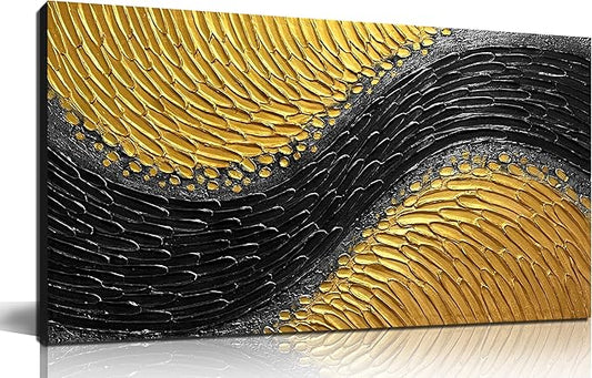 Abstract Painting Wall Art for Living Room Black and Gold Wall Art for Office 3D Textured Canvas Wall Decor for Bedroom Size 20 x 40 Inch