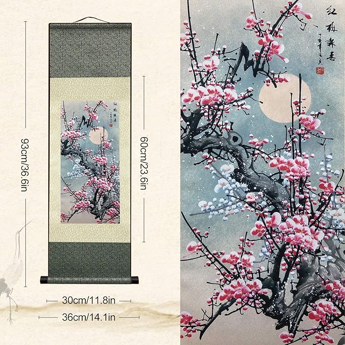 AtfArt Asian Wall Decor Beautiful Silk Scroll Painting Flowers - Plum - Red Plum Primula Primula Rubra Oriental Decor Chinese Art Wall Scroll Wall Hanging Painting Scroll (36.2 x 12 in)