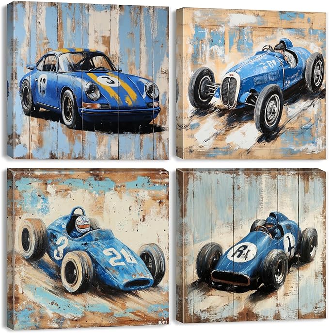 Kids Wall Art Trucks Wall Decor Rustic Farmhouse Racing Car Wall Art for Nursery Room Kindergarten Dormitory Home Decorations Cartoon Themed Vehicles Poster Toddler Boys Modern Artworks 20x20" 4 Pcs