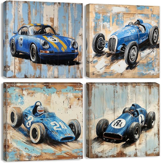 Kids Wall Art Trucks Wall Decor Rustic Farmhouse Racing Car Wall Art for Nursery Room Kindergarten Dormitory Home Decorations Cartoon Themed Vehicles Poster Toddler Boys Modern Artworks 20x20" 4 Pcs