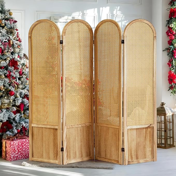 4 Panel Room Divider and Folding Privacy Screen, 5.6 Ft Foldable Double Hinged Rattan Partition, Hand-Woven Rattan Room Divider Portable Wood Freestanding Wall Divider for Room Separation - Natural