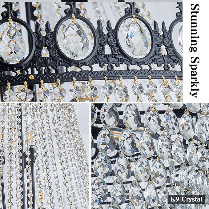 KoKo&Yukina 32" French Empire Crystals Chandelier 26 Light Black Crystal Chandeliers Modern Black Crystal Chandelier Round Large High Ceiling Sloped Hanging Light Fixtures for Hallway Staircase