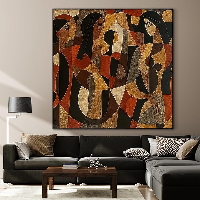 36"x36" Large Framed Wall Art - Cubist Figurative Abstract Warm Tones (Frame Assembly Required)