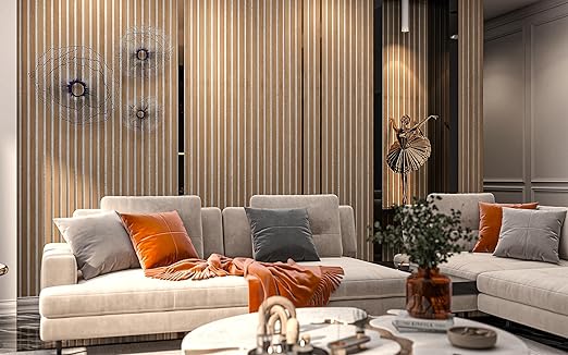 106” x 12.6” Acoustic Wood Wall Paneling, Decorative Sound Proof Panels for Walls and Ceilings, 3D Slat Wood Wall Panels (Set of 40) (American Oak w/White Base)