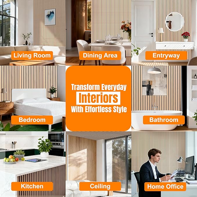 Acoustic Wood Slat Wall Panels - White Oak Soundproof Paneling for Interior Wall Decor, Modern Design, 94" x 12", 4-Pack