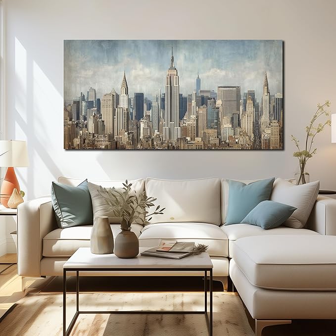 Modern City Wall Art for Living Room Large New York Skyline Canvas Wall Decor for Office Bedroom Apartment Wall Decoration Ready to Hang 29 x 58 Inch
