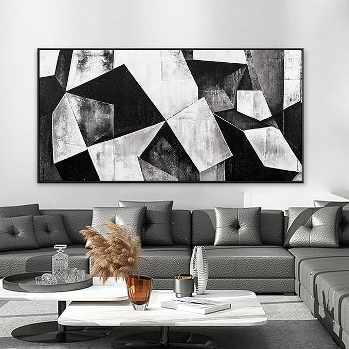 Large Abstract Wall Art For Living Room Geometric Color Block Black And White Wall Art Painting Print Canvas Art Wall Decor Simple Picture Artwork Bedroom Office Home Wall Decor 29" X 58" With Framed