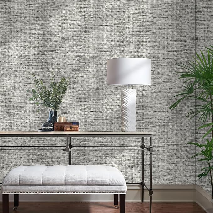 15.75"x590.6" Gray Grasscloth Wallpaper Peel and Stick Removable Textured Wall Paper Self Adhesive Contact Paper Faux Linen Cabinets Drawers Bookshelves Thickened Waterproof Shelf Vinyl Roll