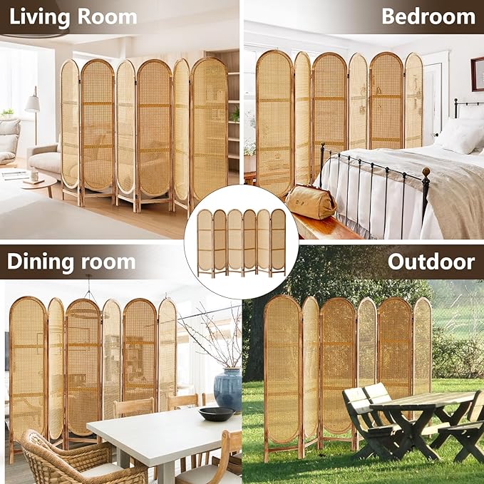6 Panels Room Dividers and Hand-Woven Rattan Room Divider Wall, Wood Room Divider Folding Privacy Screens for Home Office Bedroom, Light Brown