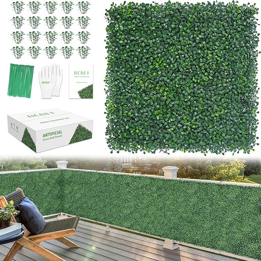 20x20Inch 6Pcs Grass Wall Panels, 4 Layers UV-Anti Boxwood Greenery Hedge with 50 Zip Ties, No Odor Artificial Fake Grass Backdrop Indoor Outdoor Privacy, Birthday Wedding Decor, 16.7 SQ FT
