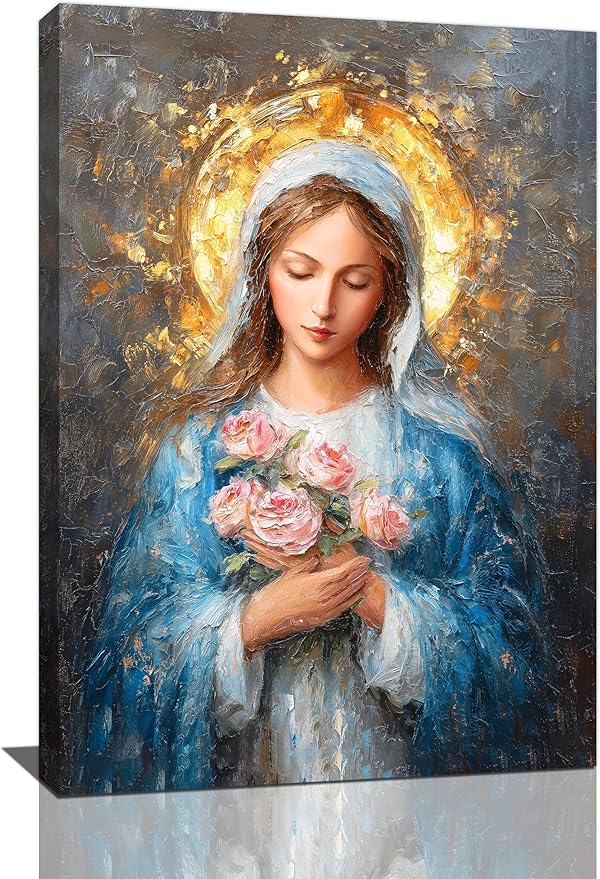 Christian Mary Wall Art Mary Mother Of God Canvas Wall Decor Catholic Blessed Mother with Roses Pictures Christ Paintings Prints Religious Bible Artwork Framed Decorations For Church Prayer Room Chapel Bathroom Bedroom Living Room Gifts 16" x 24"