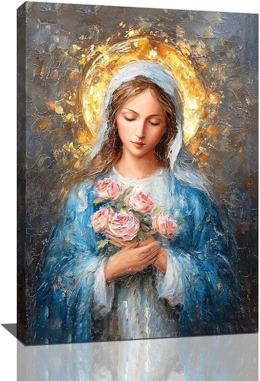 Christian Mary Wall Art Mary Mother Of God Canvas Wall Decor Catholic Blessed Mother with Roses Pictures Christ Paintings Prints Religious Bible Artwork Framed Decorations For Church Prayer Room Chapel Bathroom Bedroom Living Room Gifts 16" x 24"